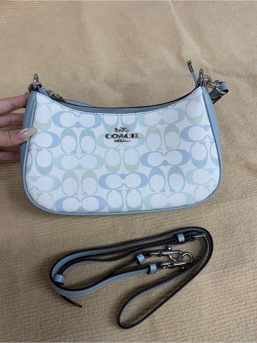 Coach Light Blue and Pastel Multi Signature Mini Shoulder Bag